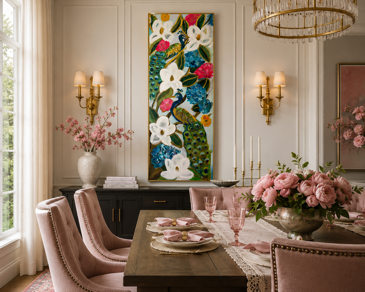 The Garden Regal — Large Vertical Peacock and Magnolia Painting