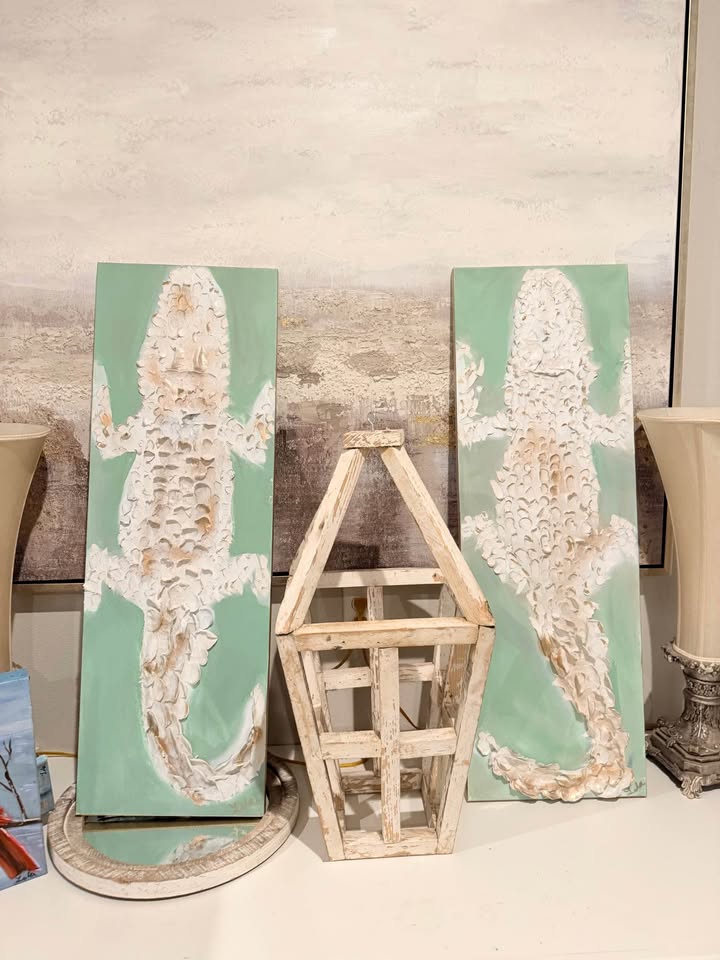 Gilded Gators | Set of 2 Sage Green and Gold 3D Alligator Paintings