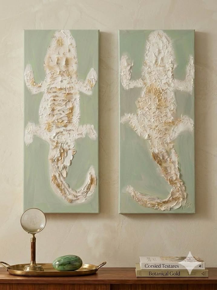Gilded Gators | Set of 2 Sage Green and Gold 3D Alligator Paintings