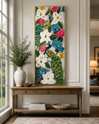 The Garden Regal — Large Vertical Peacock and Magnolia Painting
