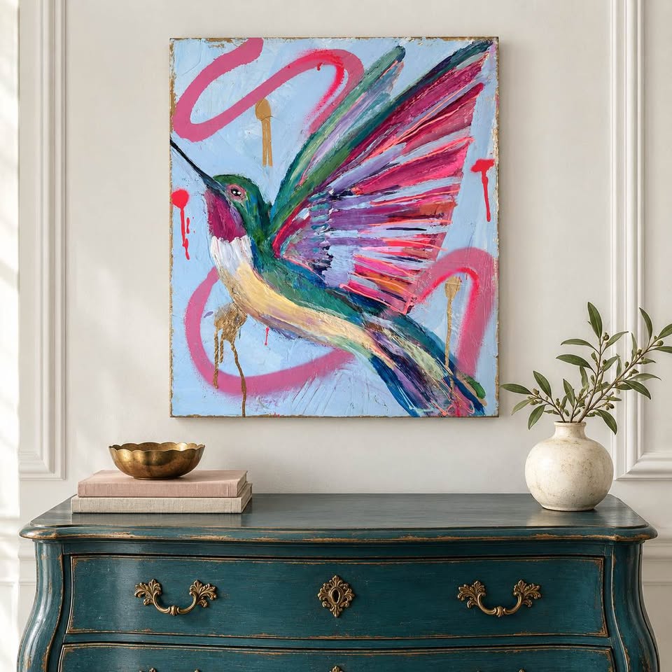 Colorful Hummingbird Painting | Original Southern Mixed Media Art
