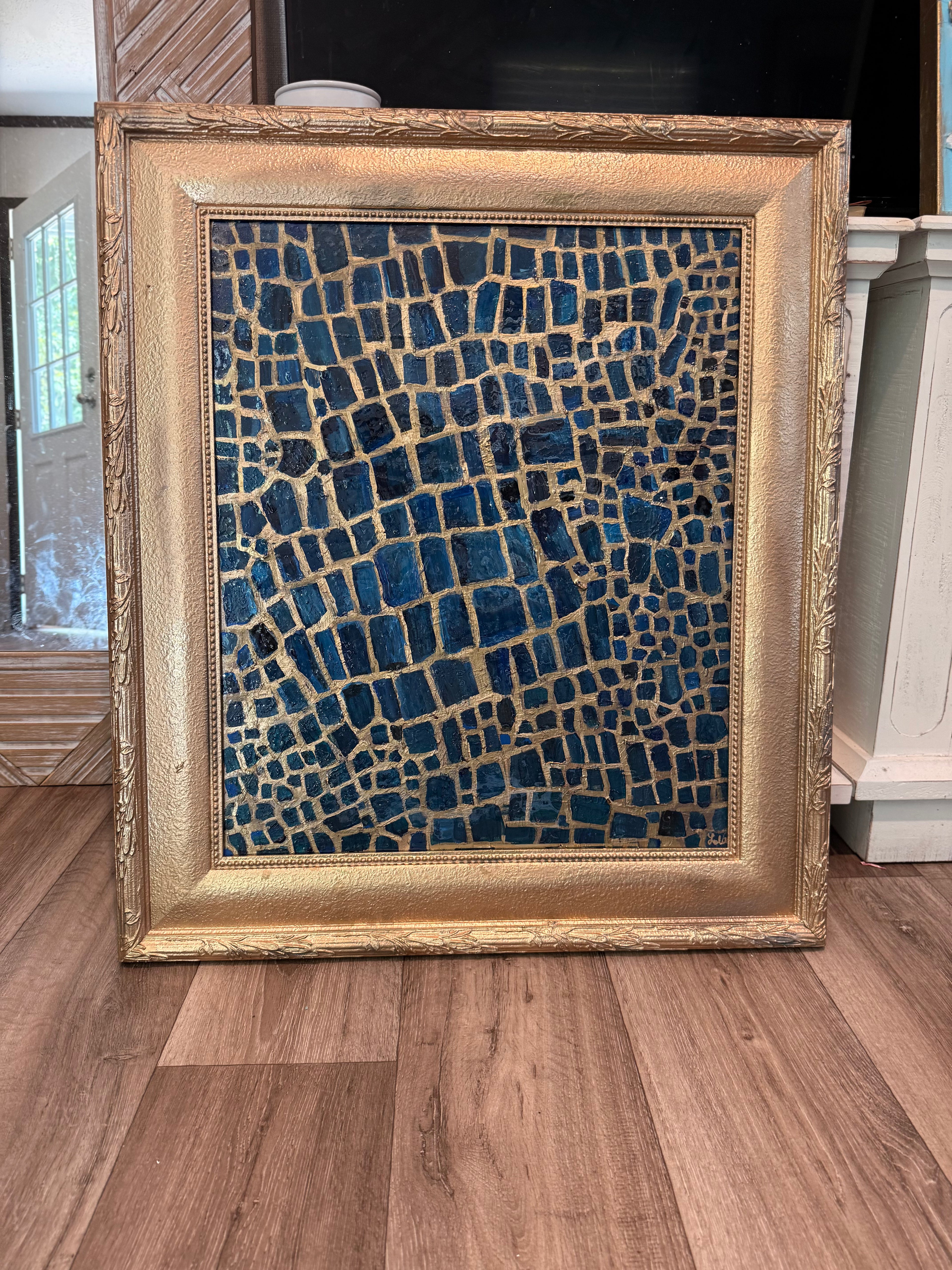 Indigo Scales — Abstract Alligator Skin Mosaic Painting