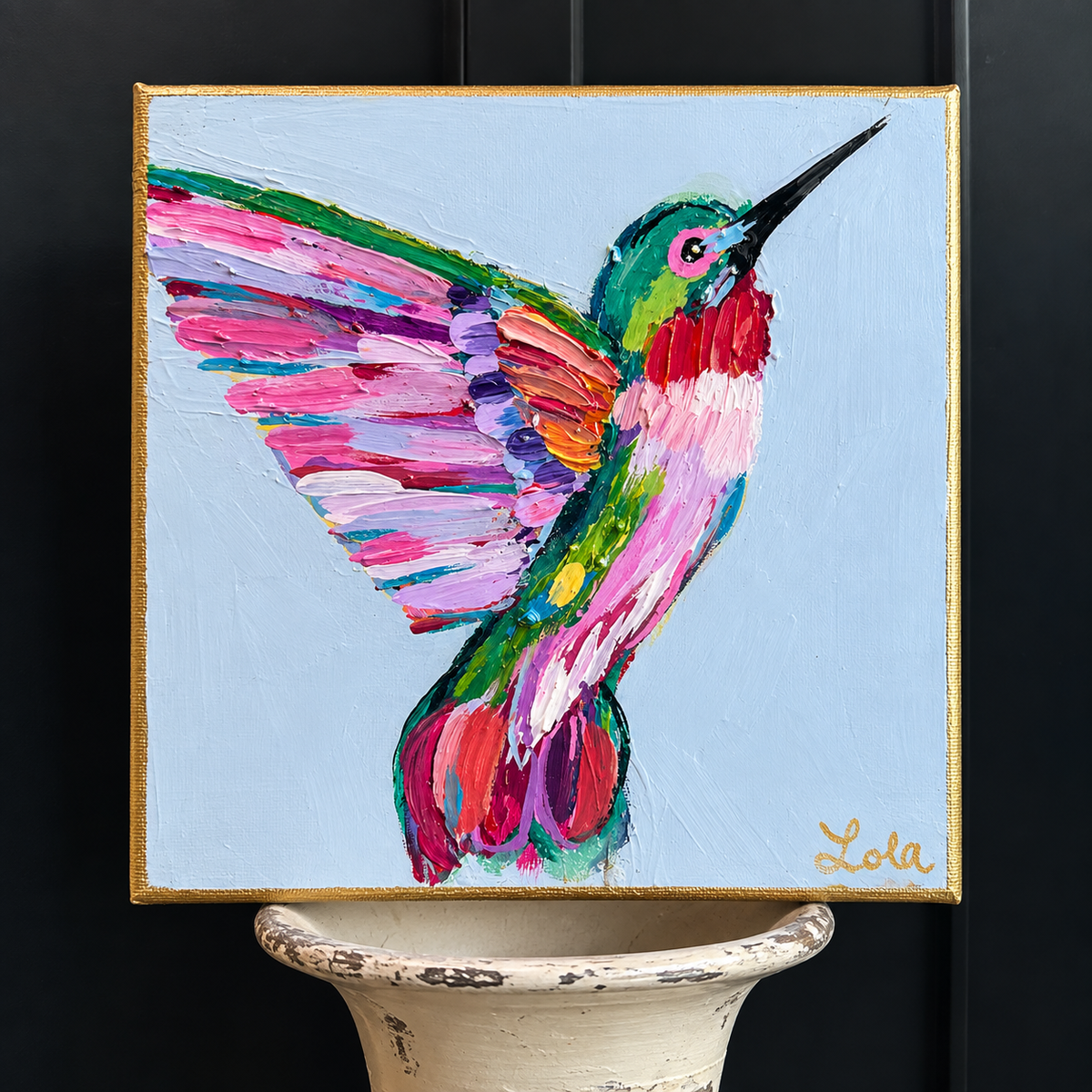 Hummingbird Painting on Blue | Colorful Southern Original Art