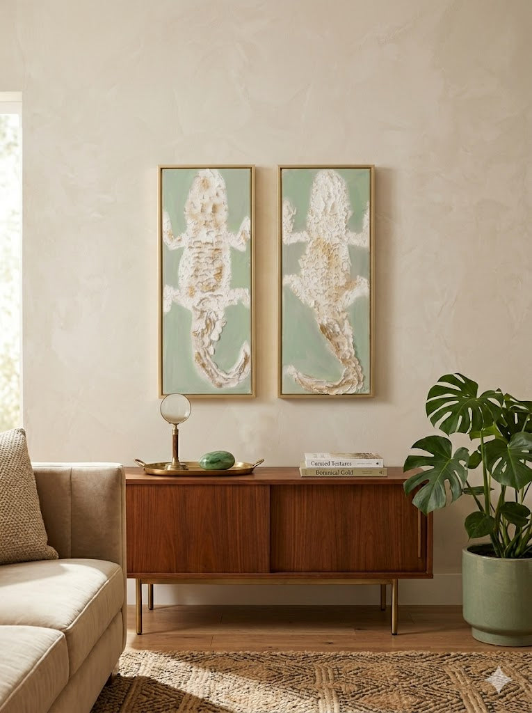 Gilded Gators | Set of 2 Sage Green and Gold 3D Alligator Paintings